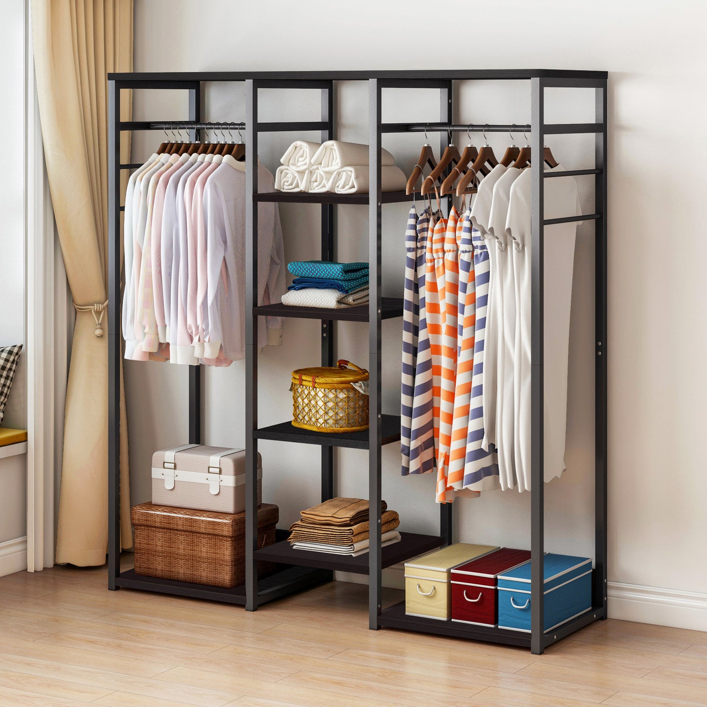 Galaxy Wardrobe Cupboard Shelves & Clothes Hanging Racks (Black Walnut)
