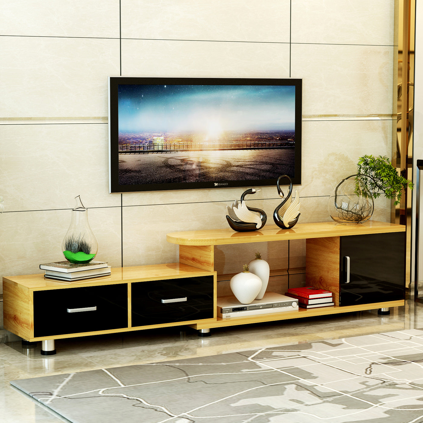 Luxe Adjustable Extendable TV Cabinet (High Gloss Oak & Black)