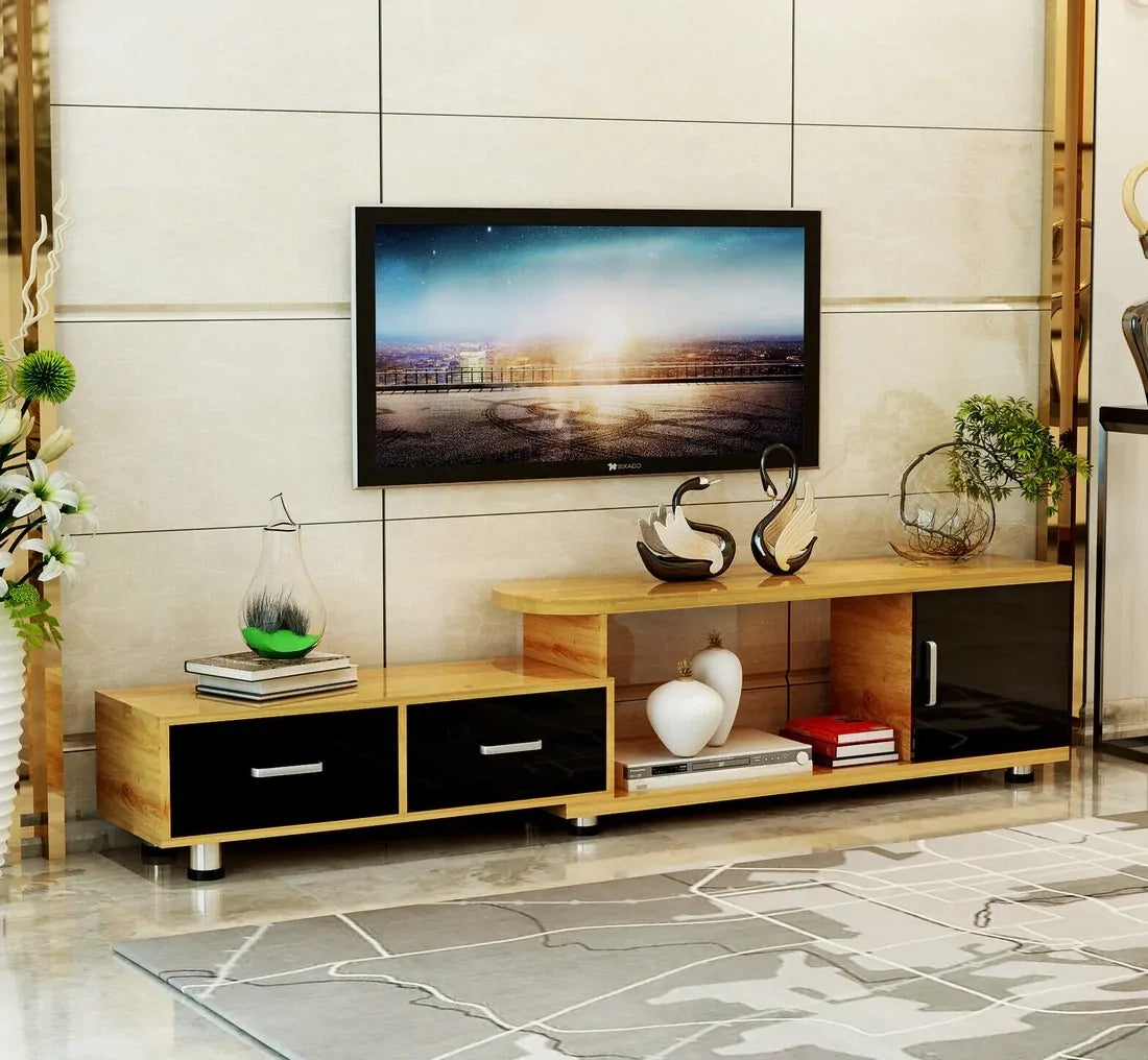 Luxe Adjustable Extendable TV Cabinet (High Gloss Oak & Black)