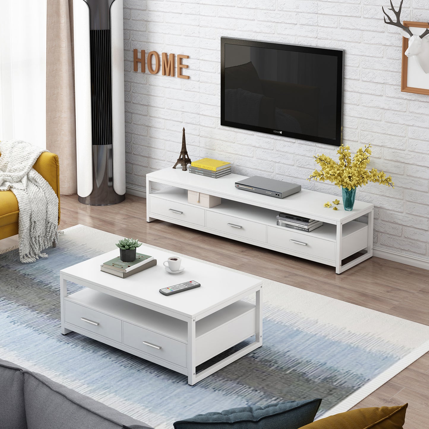 2-Piece Set Athena Coffee Table & TV Cabinet with Drawers (White)