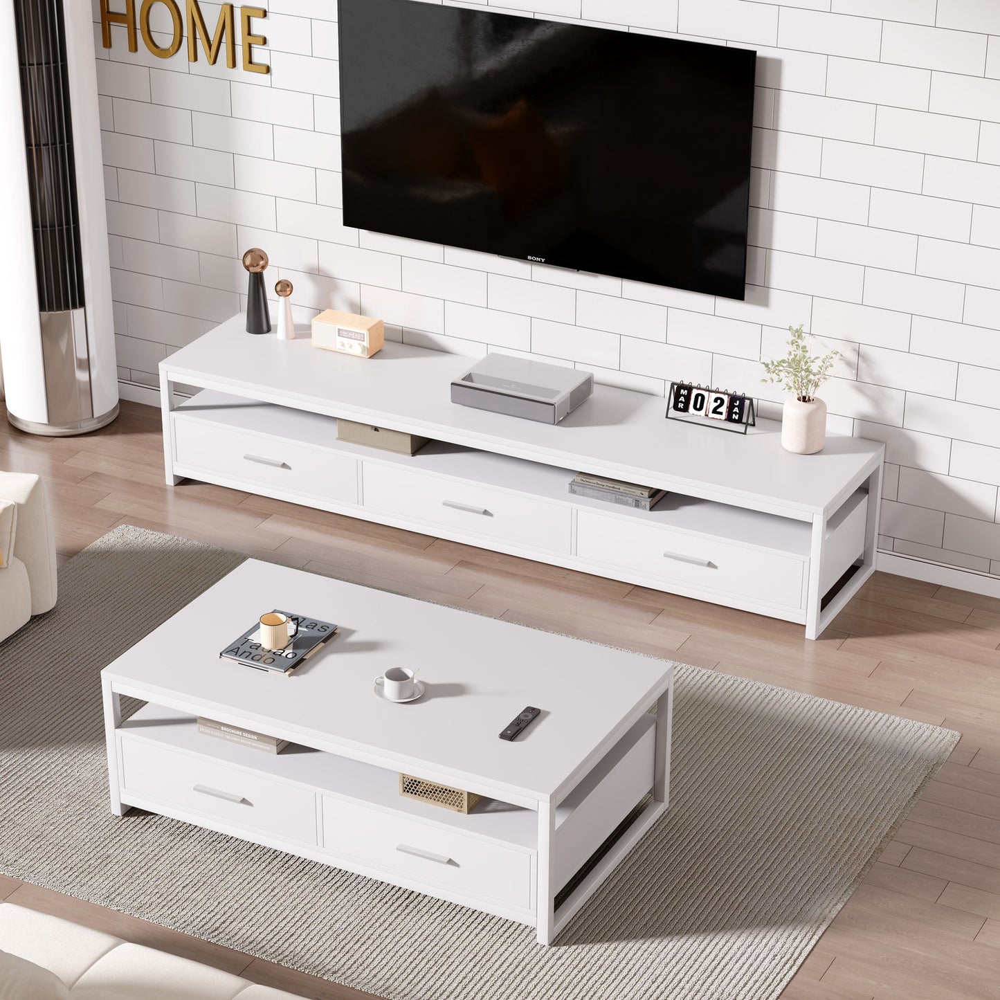 2-Piece Set Athena Coffee Table & TV Cabinet with Drawers (White)