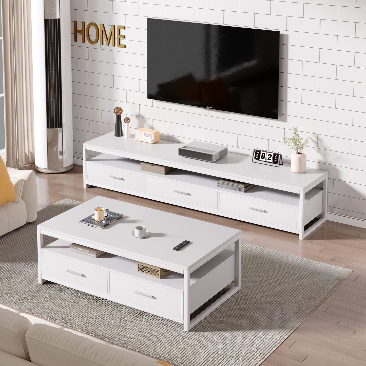 2-Piece Set Athena Coffee Table & TV Cabinet with Drawers (White)