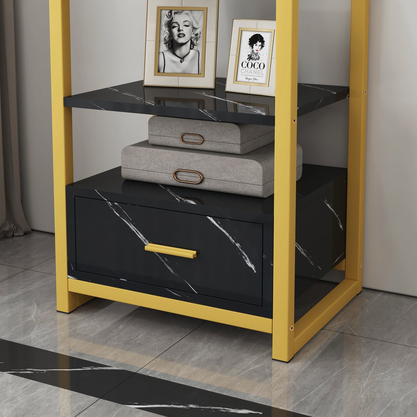 Synergy Luxury Marble Look Side Table Nightstand (Black)