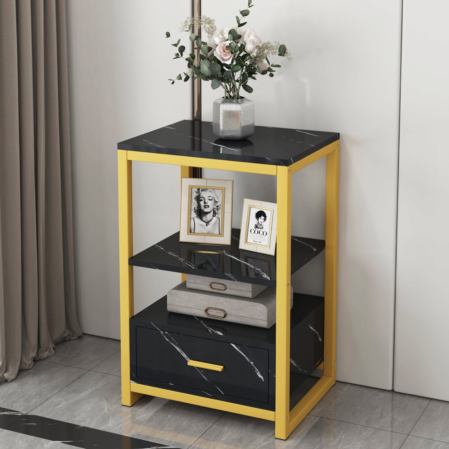 Synergy Luxury Marble Look Side Table Nightstand (Black)