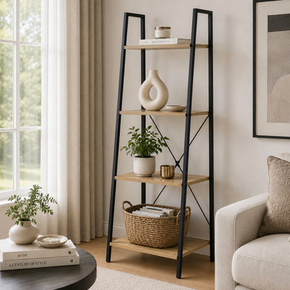 Elevate Rustic Oak 4-Tier Ladder Shelf Wood & Metal Bookcase Storage Organizer