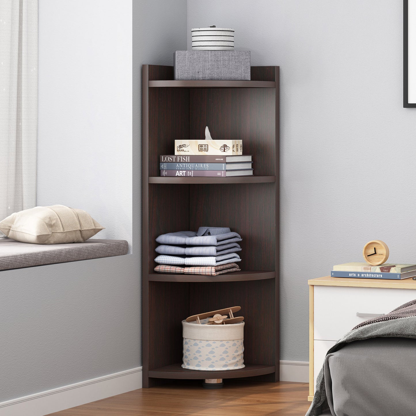 Inspire 4 Tier Stylish Wooden Corner Shelf Unit (Black Walnut)