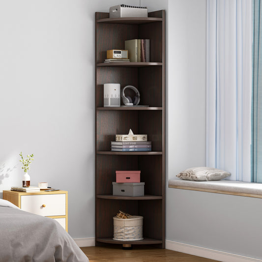 Inspire 6 Tier Large Stylish Wooden Corner Shelf Unit (Black Walnut)