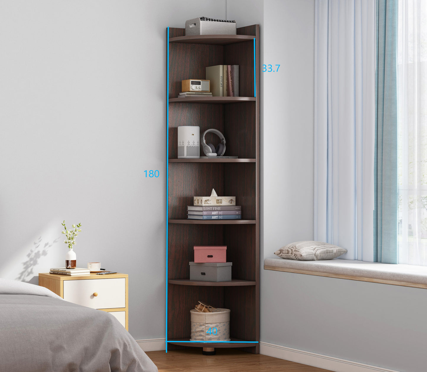 Inspire 6 Tier Large Stylish Wooden Corner Shelf Unit (Black Walnut)