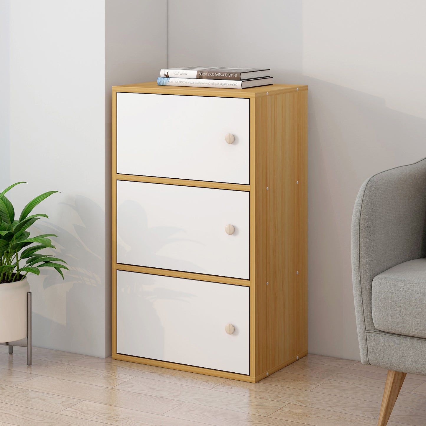 3-Tier Cascade Organizer Storage Cabinet Bookcase with Doors