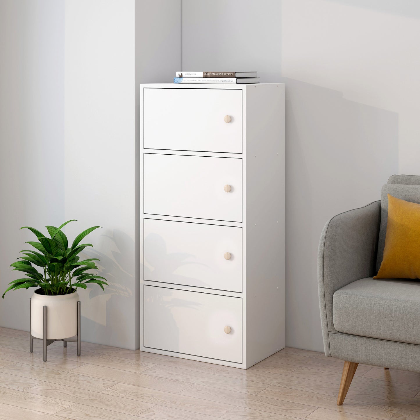 4-Tier Cascade Organizer Storage Cabinet Bookcase with Doors (White)