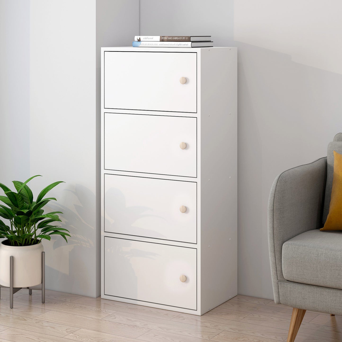 4-Tier Cascade Organizer Storage Cabinet Bookcase with Doors (White)