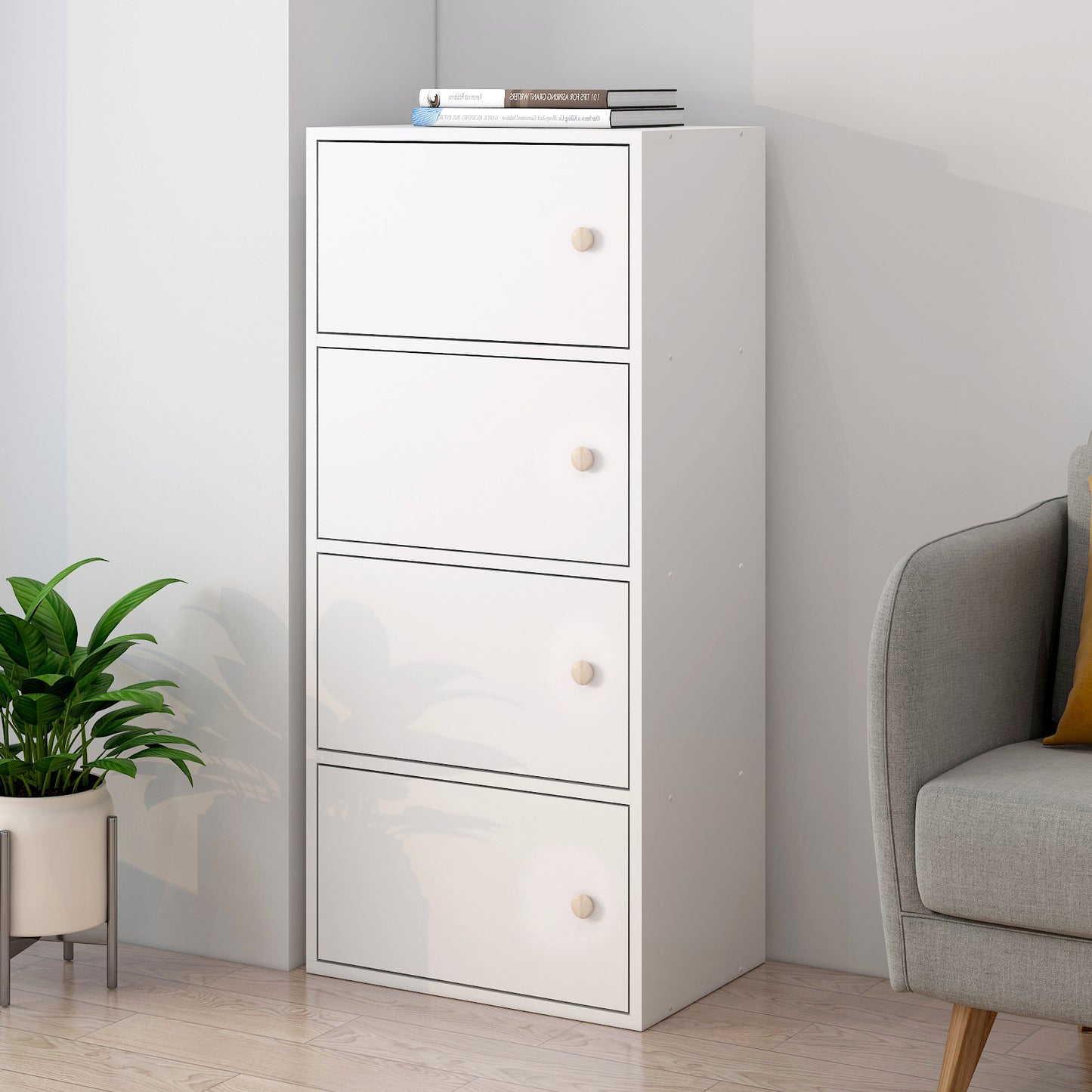 4-Tier Cascade Organizer Storage Cabinet Bookcase with Doors (White)