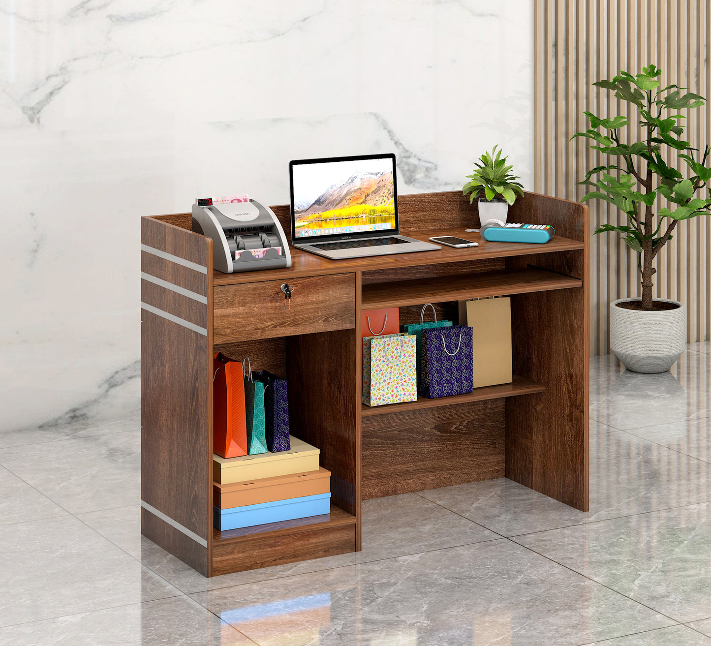 Impressions Reception Desk Counter with Shelves (Walnut)