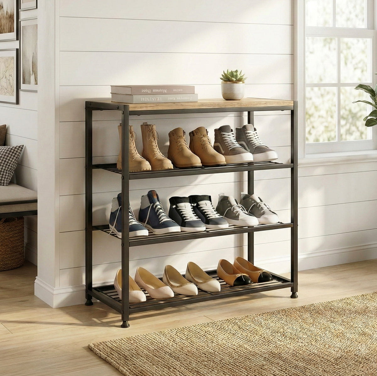 Vita 4-Tier Wood & Metal Shoe Rack Storage Shelf Organiser (Rustic Oak