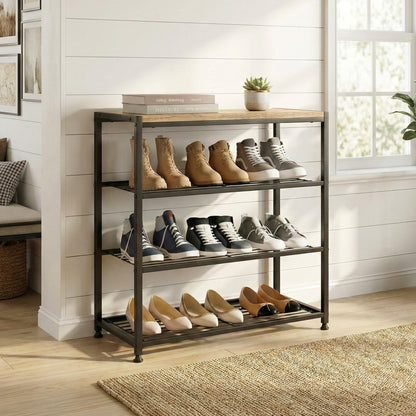 Vita 4-Tier Wood & Metal Shoe Rack Storage Shelf Organiser (Rustic Oak)