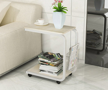 Sofa Bed Side Table Laptop Desk with Magazine Rack and Wheels (White Oak)