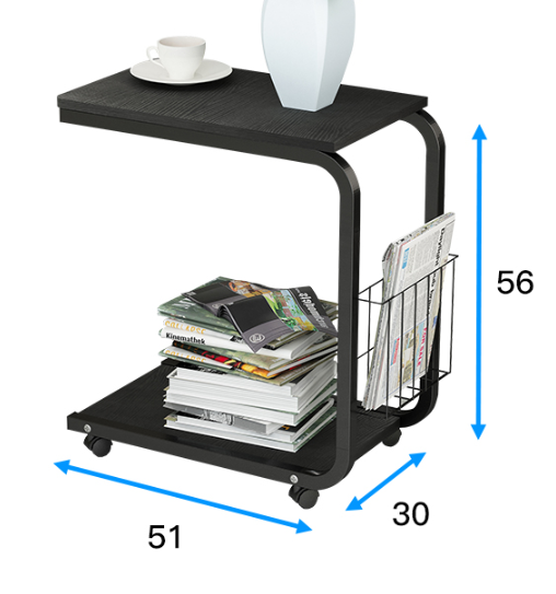 Sofa Bed Side Table Laptop Desk with Magazine Rack and Wheels (White Oak)