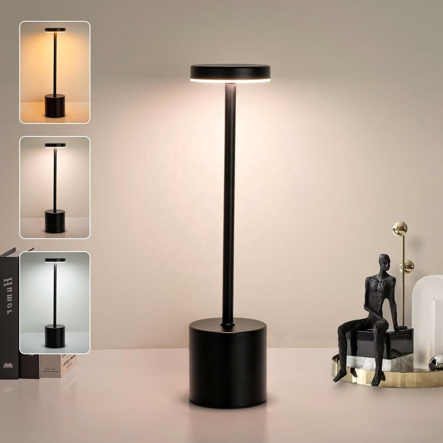 Luxury Designer LED Metal Tall Table Lamp Cordless Touch Sensor Night Light (Black)