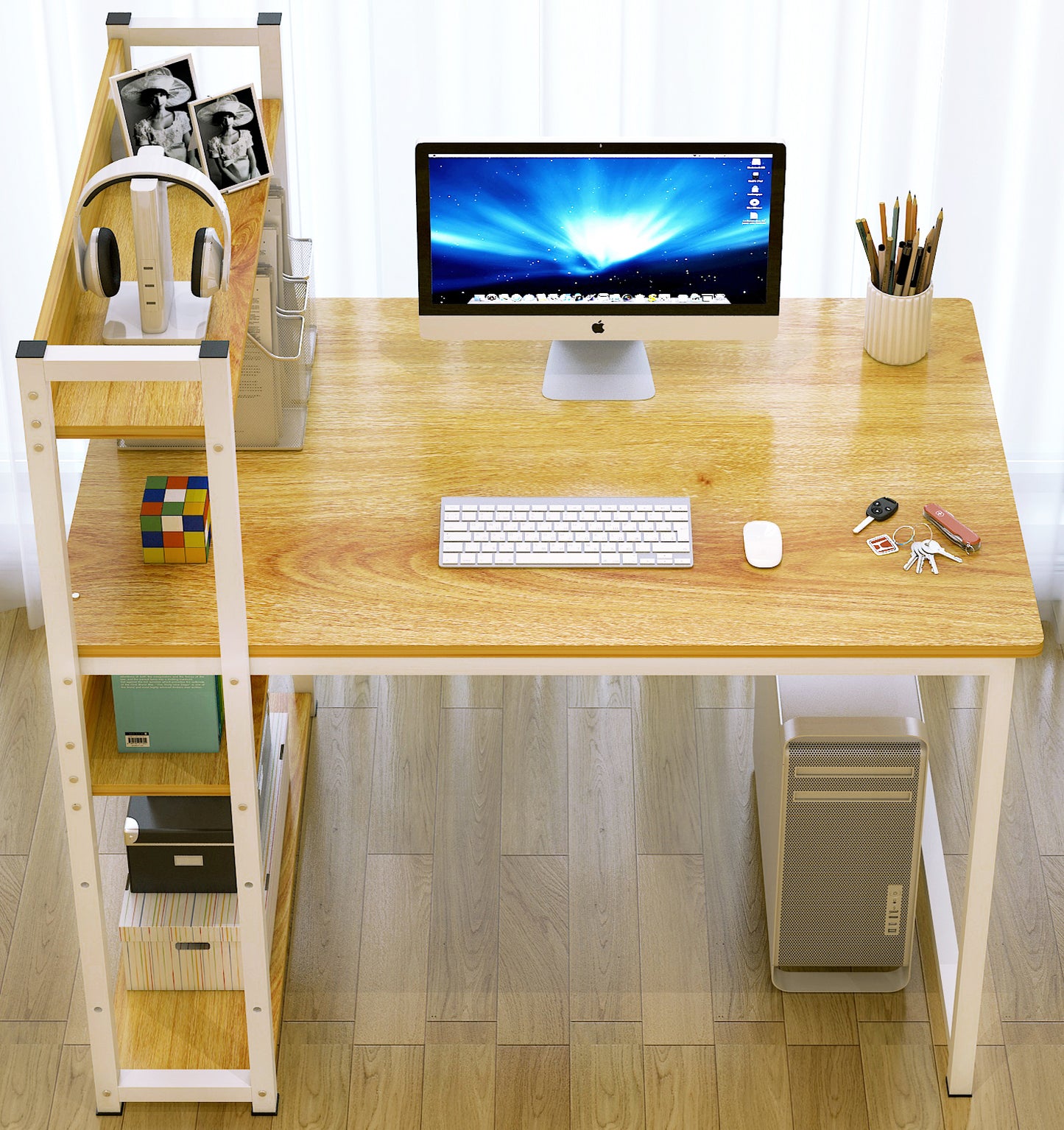 Edge Combination Workstation Computer Desk with Storage Shelves (Oak)