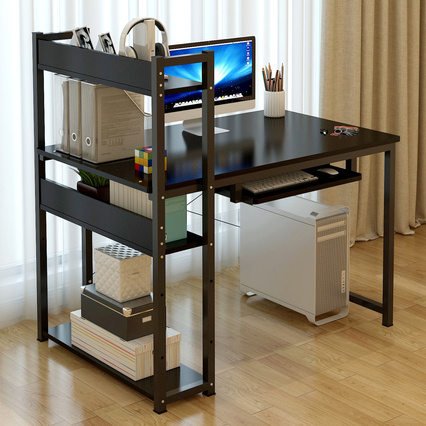 Edge Plus Combination Workstation Computer Desk with Storage Shelves (Black)