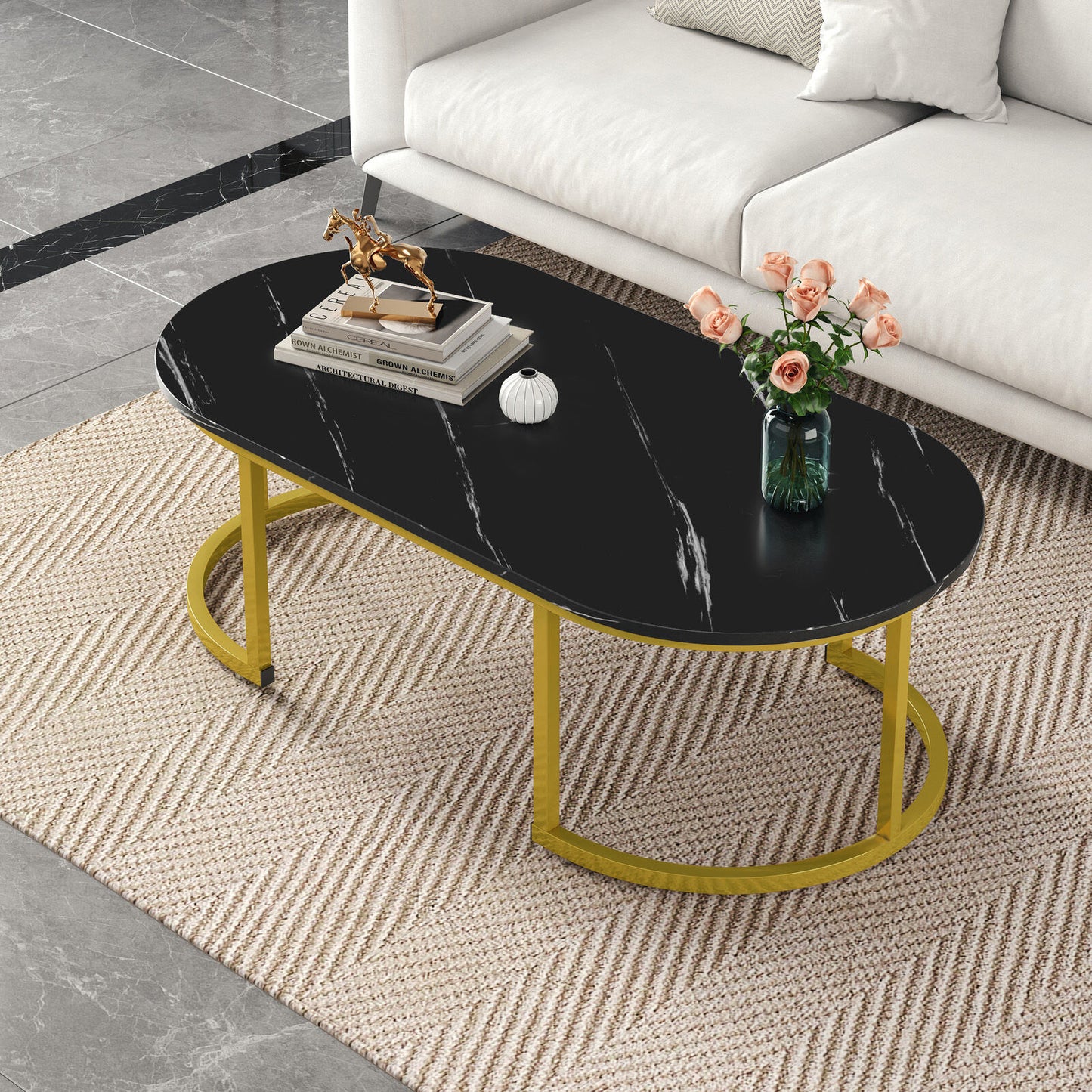 Synergy Lush Designer Marble Look Coffee Table (Black)