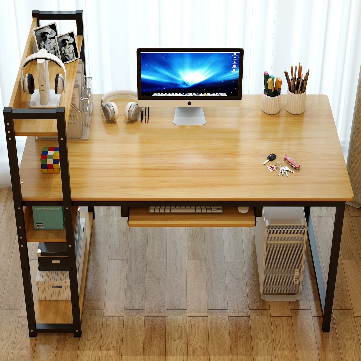 Genius Large Workstation Wood & Steel Computer Desk with Storage Shelves (Oak)