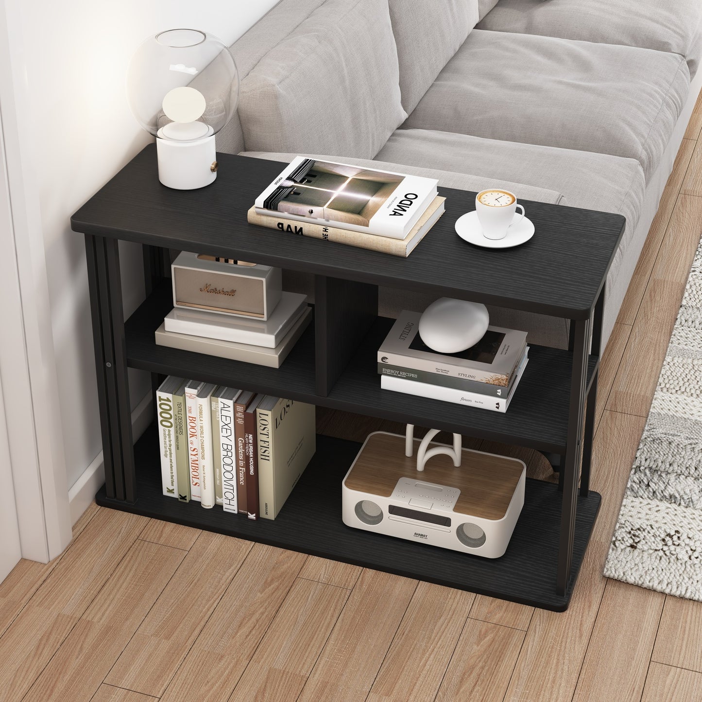 Icon Wood and Steel Sofa Side Table with Shelves (Black)