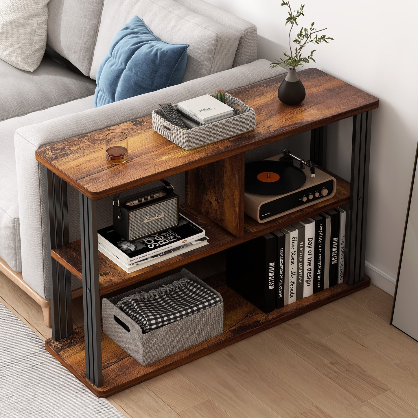 Icon Wood and Steel Sofa Side Table with Shelves (Rustic Wood)