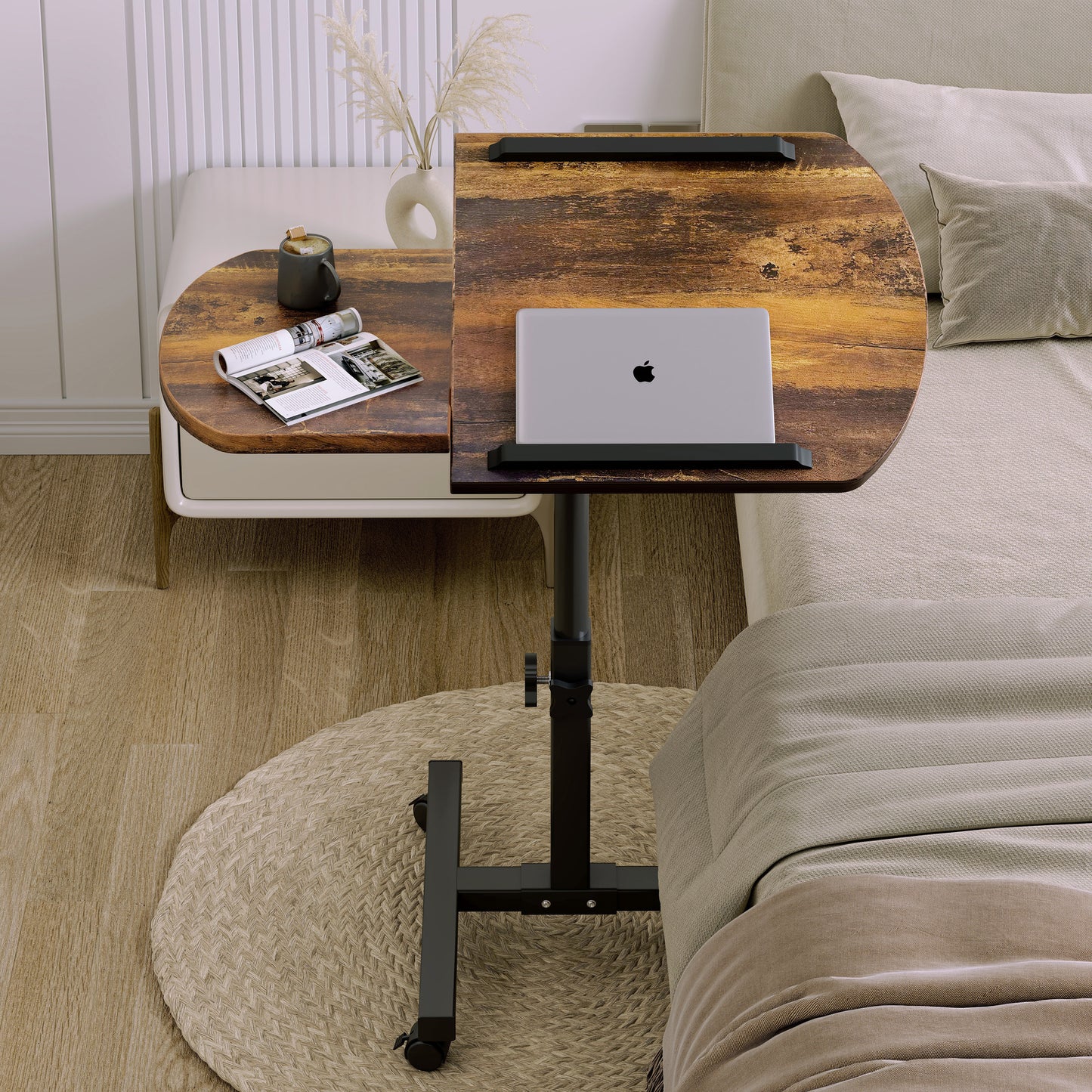 Motif 2-in-1 Adjustable Portable Sofa Bed Side Table Laptop Desk with Wheels (Rustic Wood)