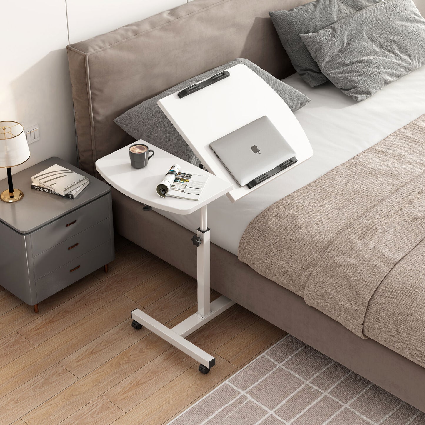 Motif 2-in-1 Adjustable Portable Sofa Bed Side Table Laptop Desk with Wheels (White)