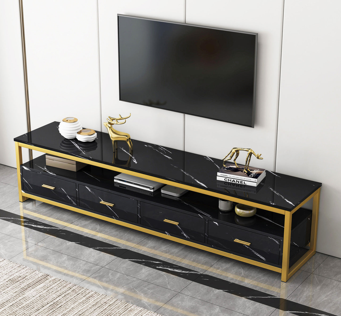 2-Piece Set Synergy Luxury Marble Look Coffee Table & TV Cabinet (Black)