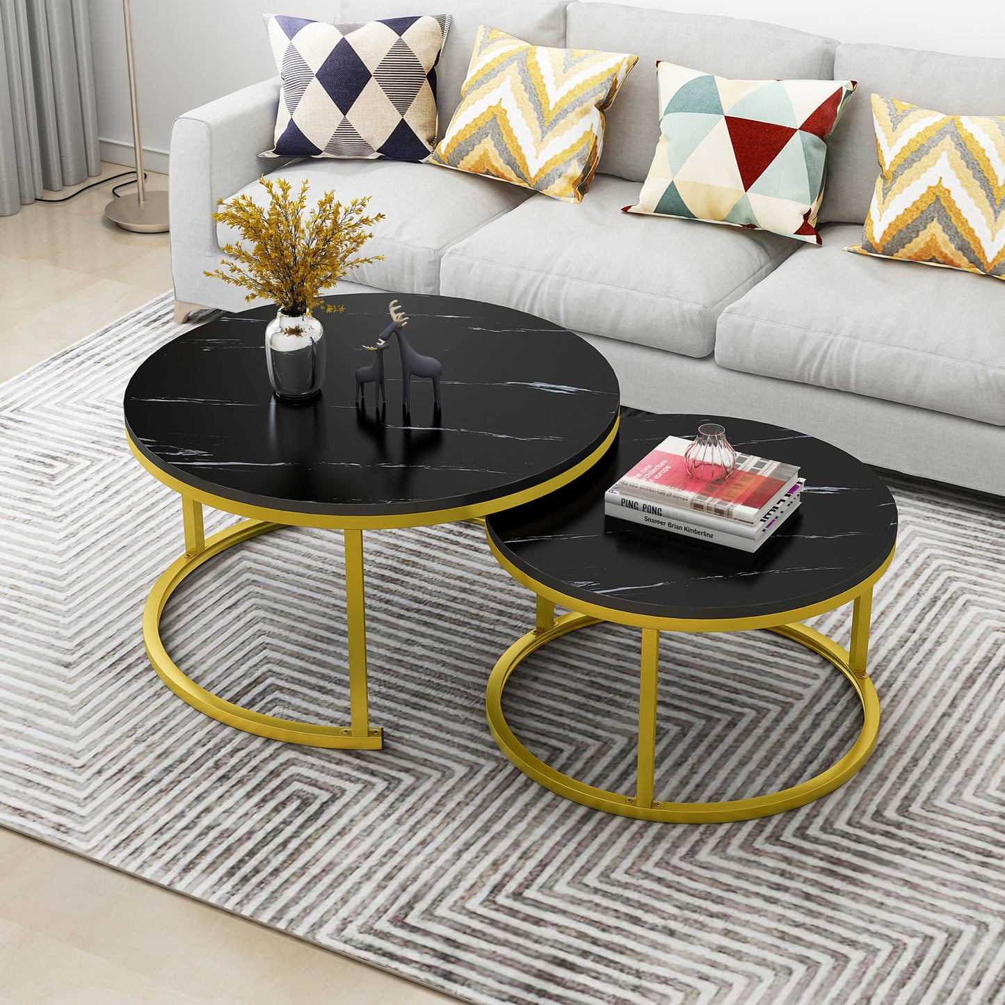 Synergy 2 In 1 Lush Marble Look Designer Nesting Coffee Tables (Black)