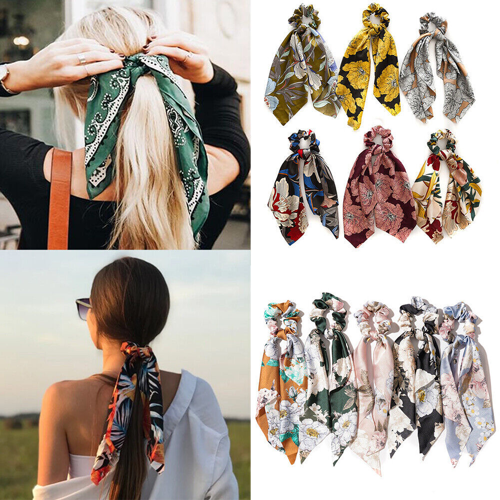 Silky Satin Floral Hair Scarf Scrunchies Ponytail Bow Hairband Headwear