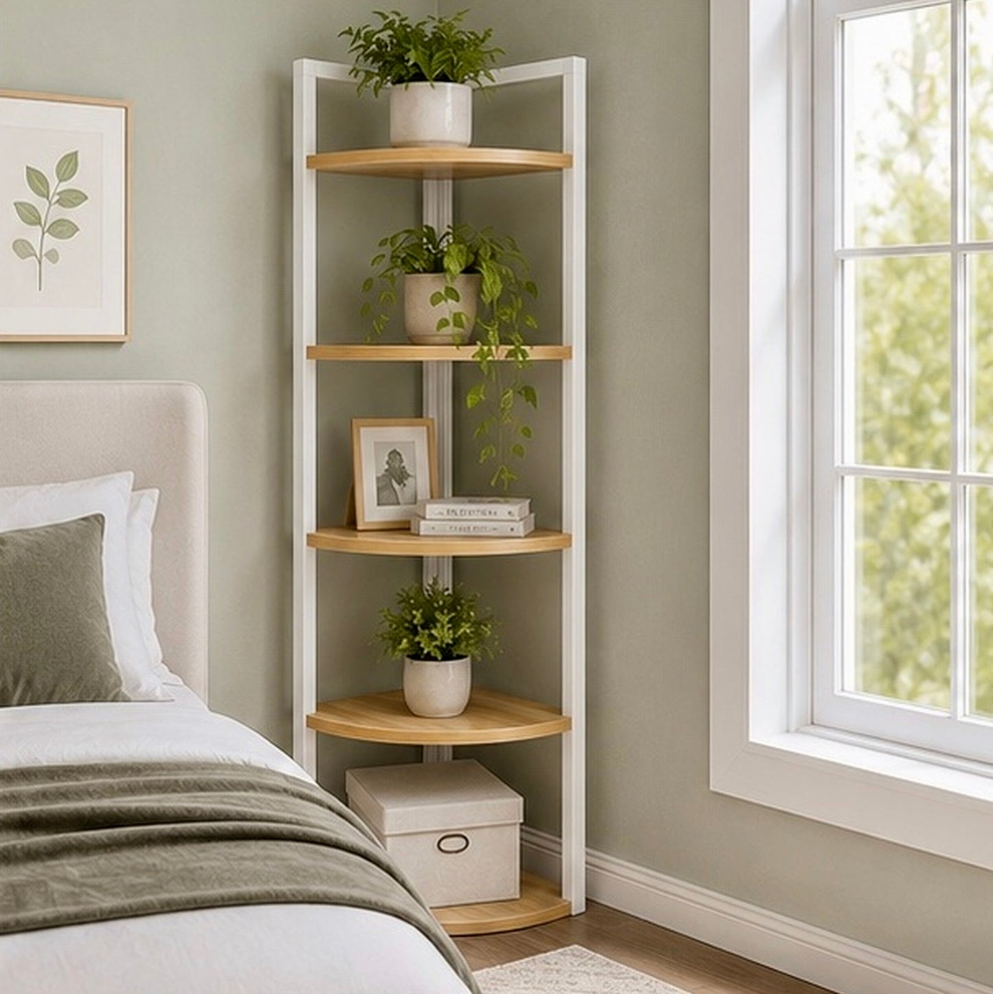 Optima 5 Tier Wood & Steel Corner Shelf Organizer Unit (Rustic Oak & White)