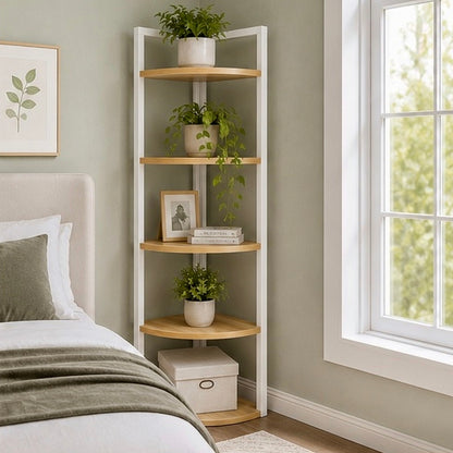 Optima 5 Tier Wood & Steel Corner Shelf Organizer Unit (Rustic Oak & White)