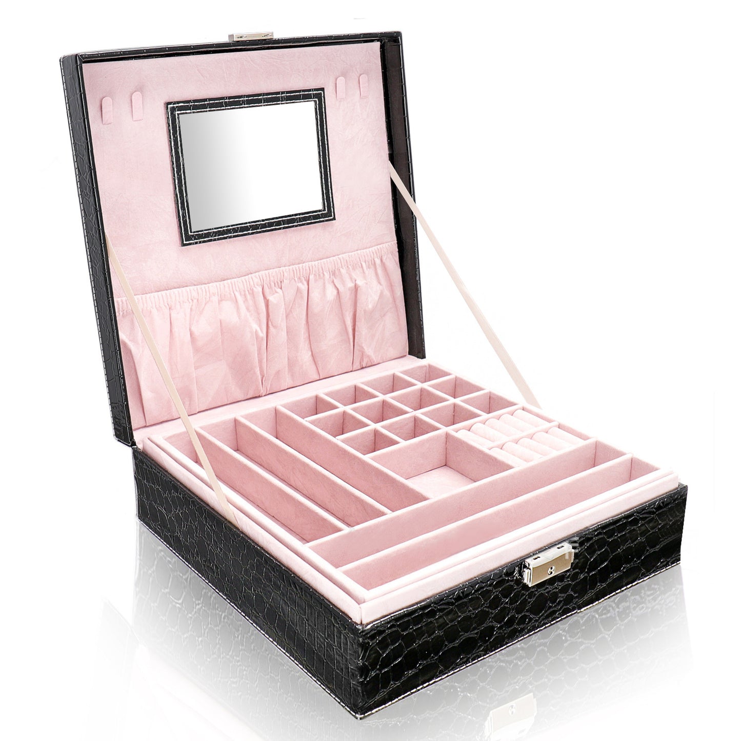 Deluxe Crocodile Leather Look Jewellery Box Storage Case Organiser (Pink)