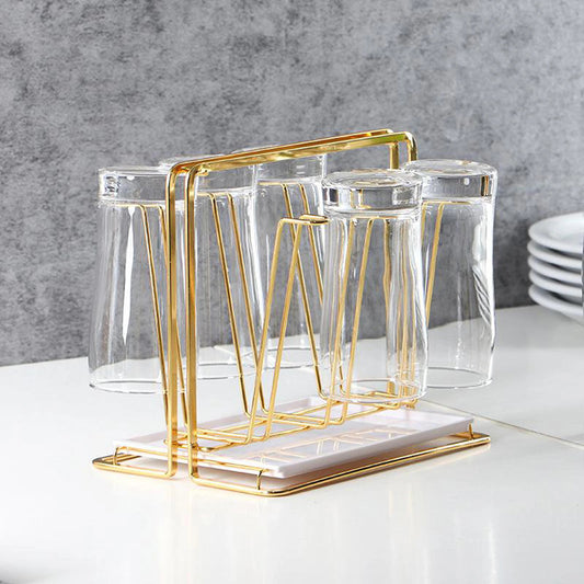 Gold Metal 6-Cup Drying Glass Mug Holder Rack with Drain Tray