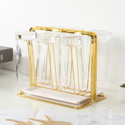 Gold Metal 6-Cup Drying Glass Mug Holder Rack with Drain Tray