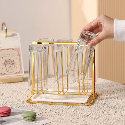 Gold Metal 6-Cup Drying Glass Mug Holder Rack with Drain Tray