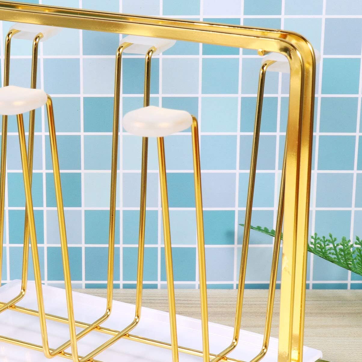 Gold Metal 6-Cup Drying Glass Mug Holder Rack with Drain Tray