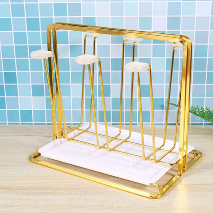 Gold Metal 6-Cup Drying Glass Mug Holder Rack with Drain Tray