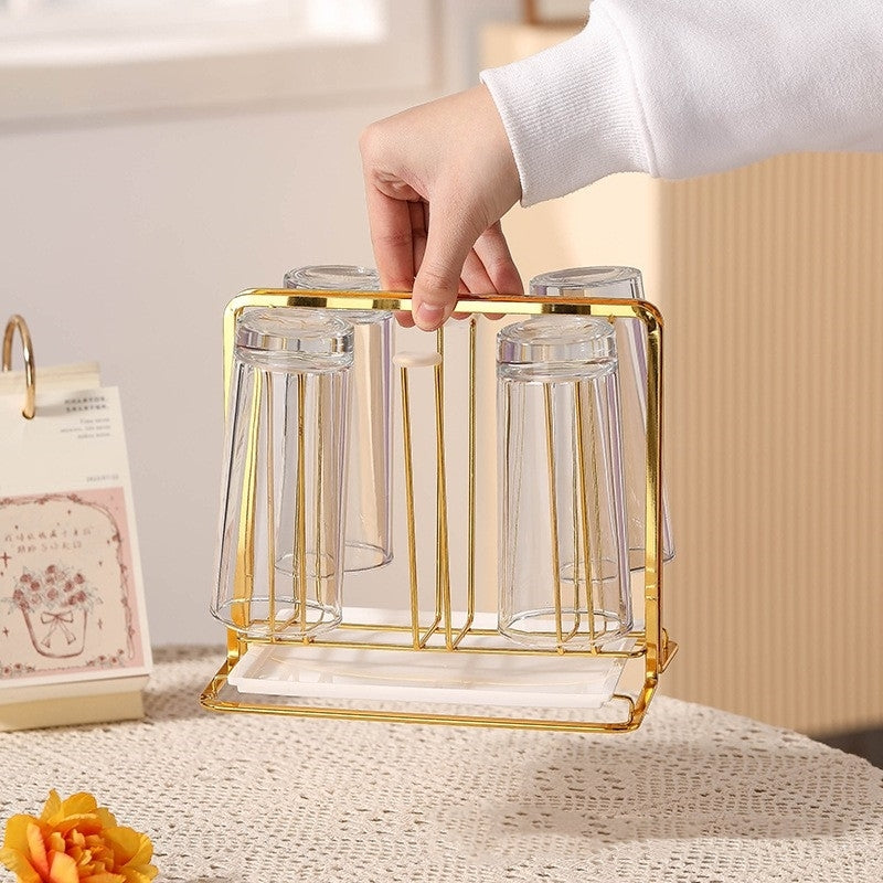 Gold Metal 6-Cup Drying Glass Mug Holder Rack with Drain Tray