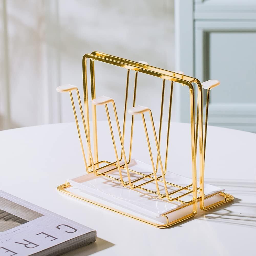 Gold Metal 6-Cup Drying Glass Mug Holder Rack with Drain Tray