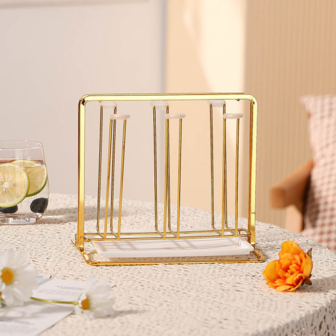 Gold Metal 6-Cup Drying Glass Mug Holder Rack with Drain Tray