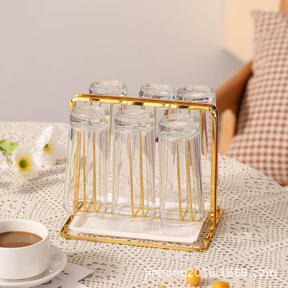 Gold Metal 6-Cup Drying Glass Mug Holder Rack with Drain Tray