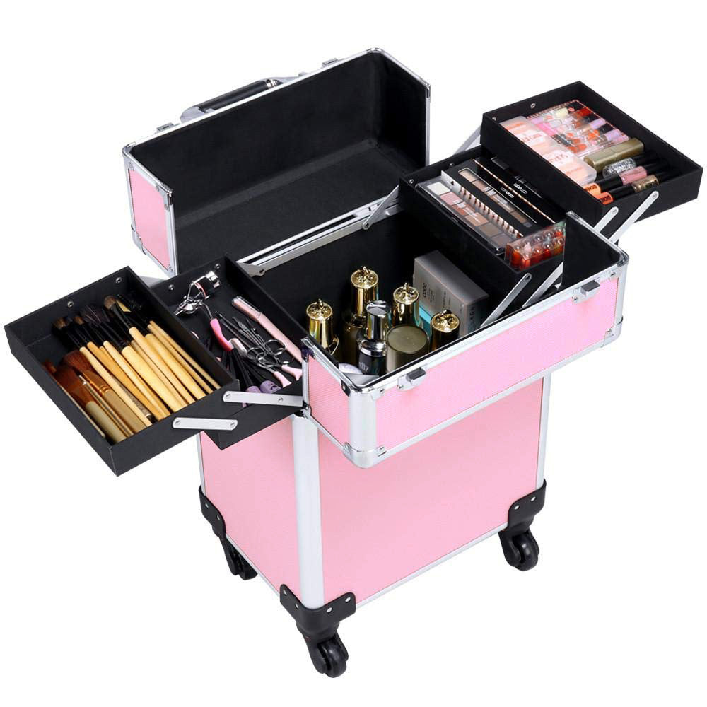 Deluxe Professional Beauty Makeup Cosmetic Suitcase Travel Organizer Luggage (Pink)