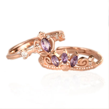 S925 Rose Gold-Plated Sterling Silver Princess Tiara Floral Ring with Adjustable Band