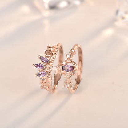 S925 Rose Gold-Plated Sterling Silver Princess Tiara Floral Ring with Adjustable Band