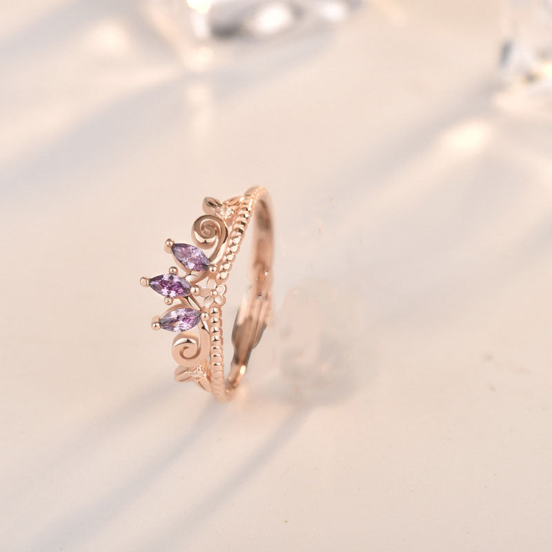 S925 Rose Gold-Plated Sterling Silver Princess Tiara Floral Ring with Adjustable Band