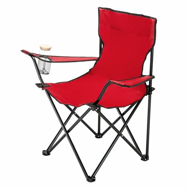 Portable Folding Camping Beach Chair with Arm Rest Cup Holder & Storage Bag (Red)